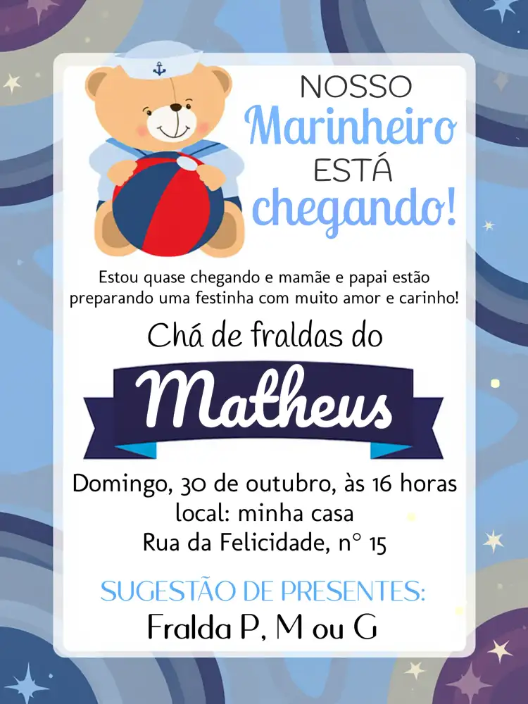 Chá De Fraldas Ursinho Marinheiro Preto