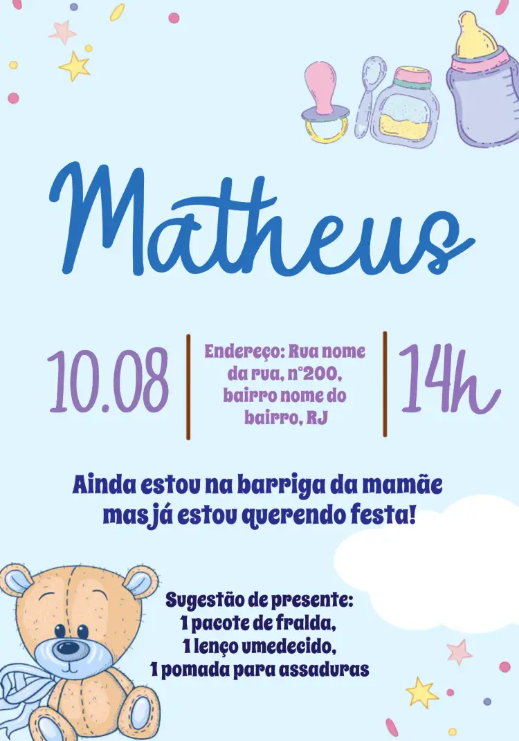 Convite Chá De Fraldas Ursinho Papinha – tema Chá de Fraldas fofo, colorido, infantil, lúdico, moderno, divertido
