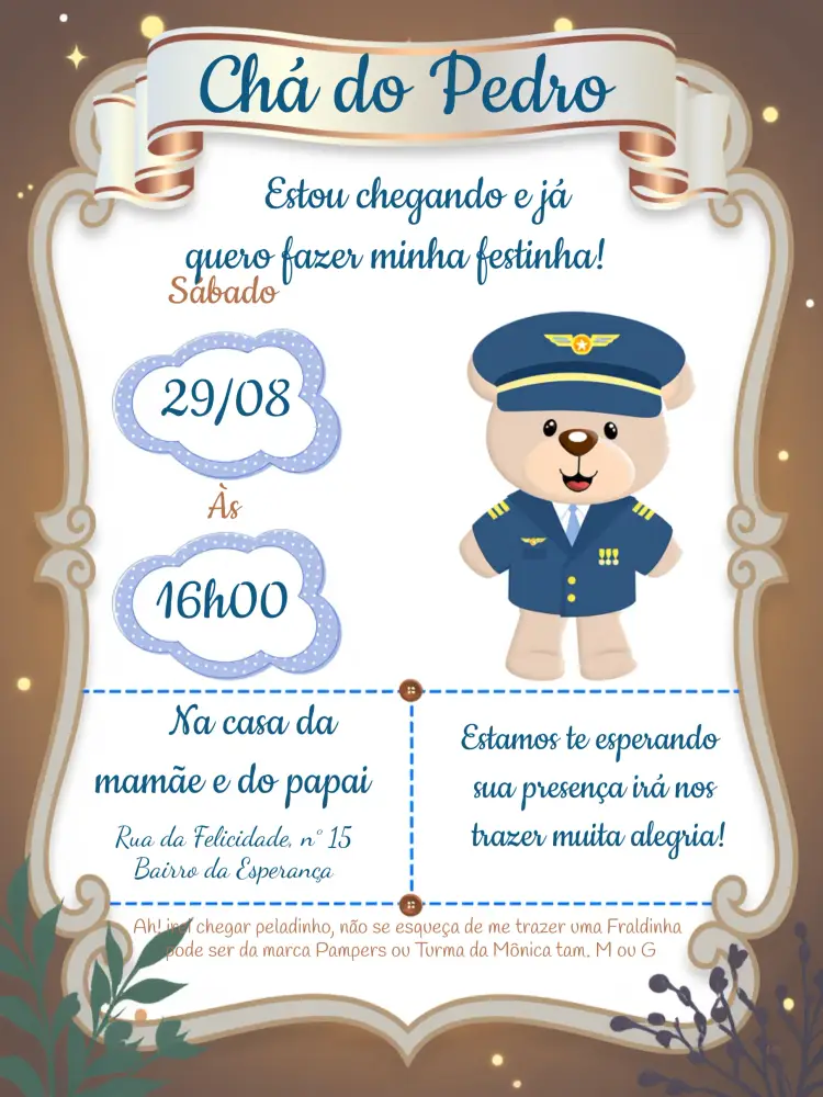Convite Chá De Fraldas Ursinho Policial Faixa