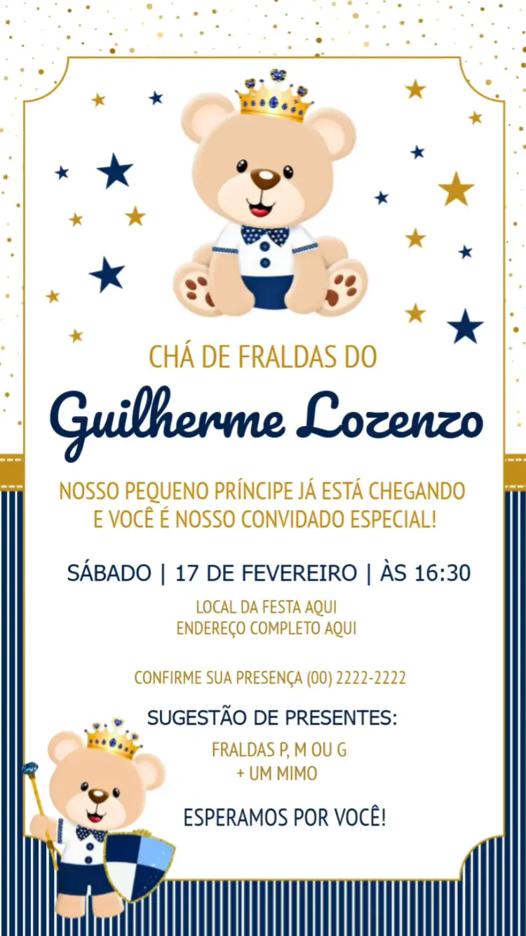 Convite Chá De Fraldas Ursinho Príncipe Azul editável e personalizável