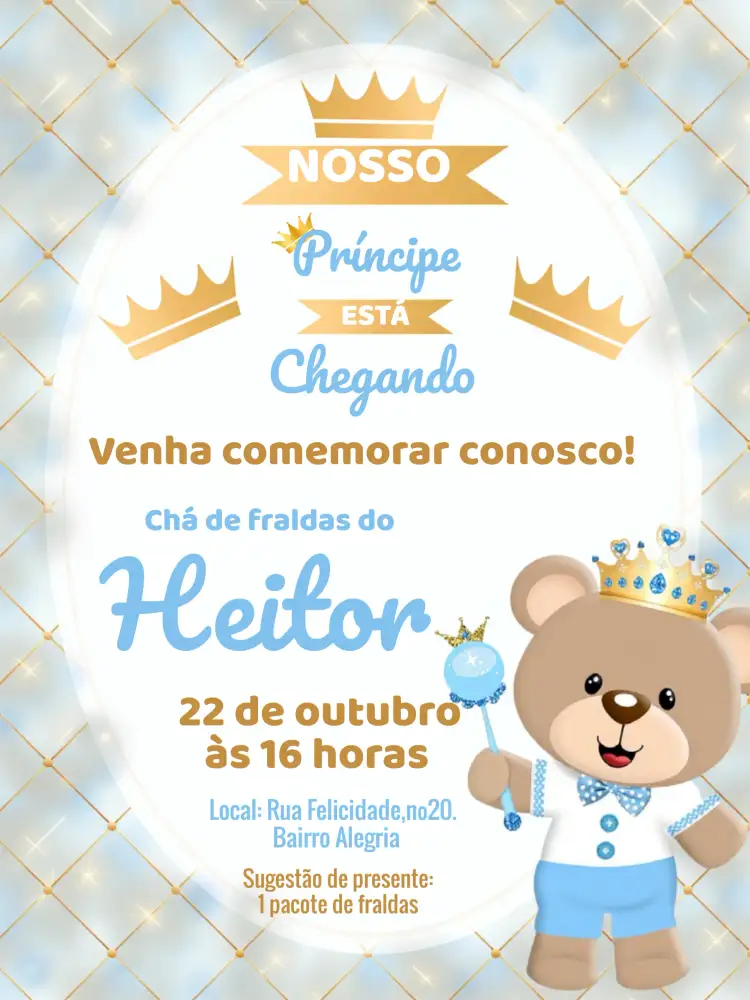 Convite Chá De Fraldas Ursinho Príncipe Bebe – tema Chá de Fraldas azul, dourado, brilho, princesa, ursinho, realeza