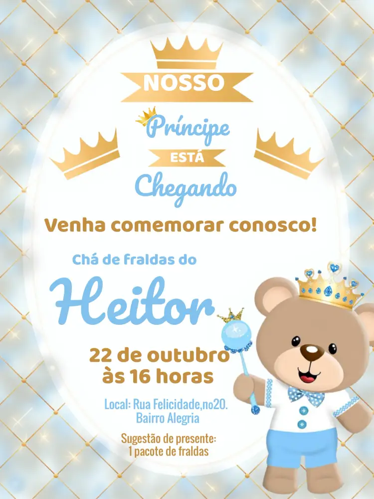 Convite Chá De Fraldas Ursinho Príncipe Bebe