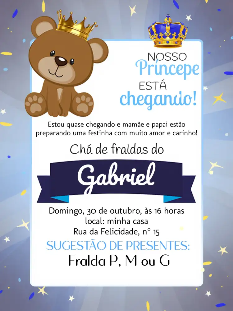 Convite Chá De Fraldas Ursinho Príncipe Bebê – tema Chá de Fraldas azul, realeza, ursinho, moderno, divertido, charmoso