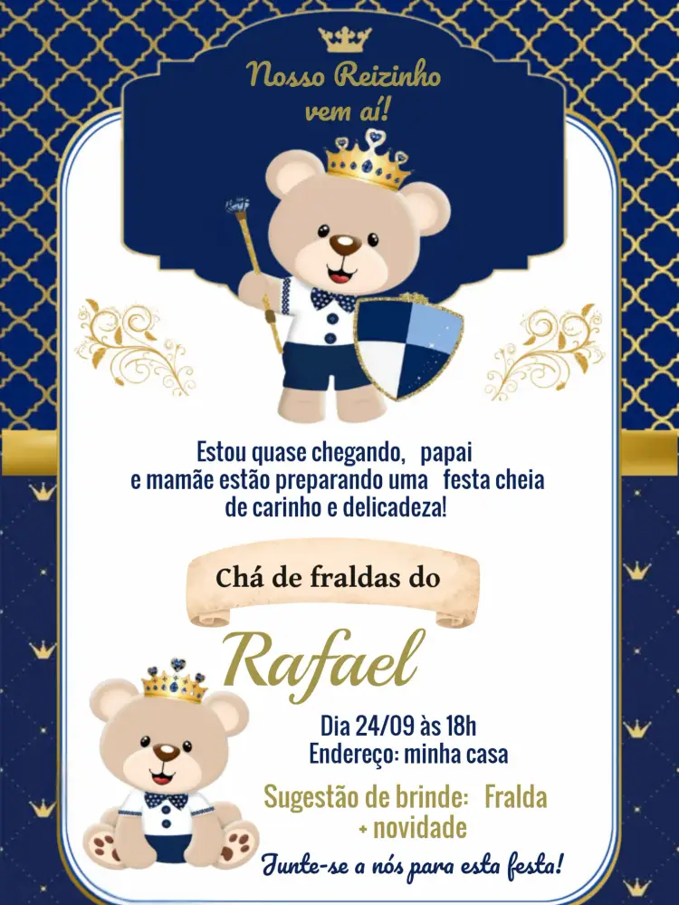 Convite Chá De Fraldas Ursinho Príncipe Branco editável e personalizável