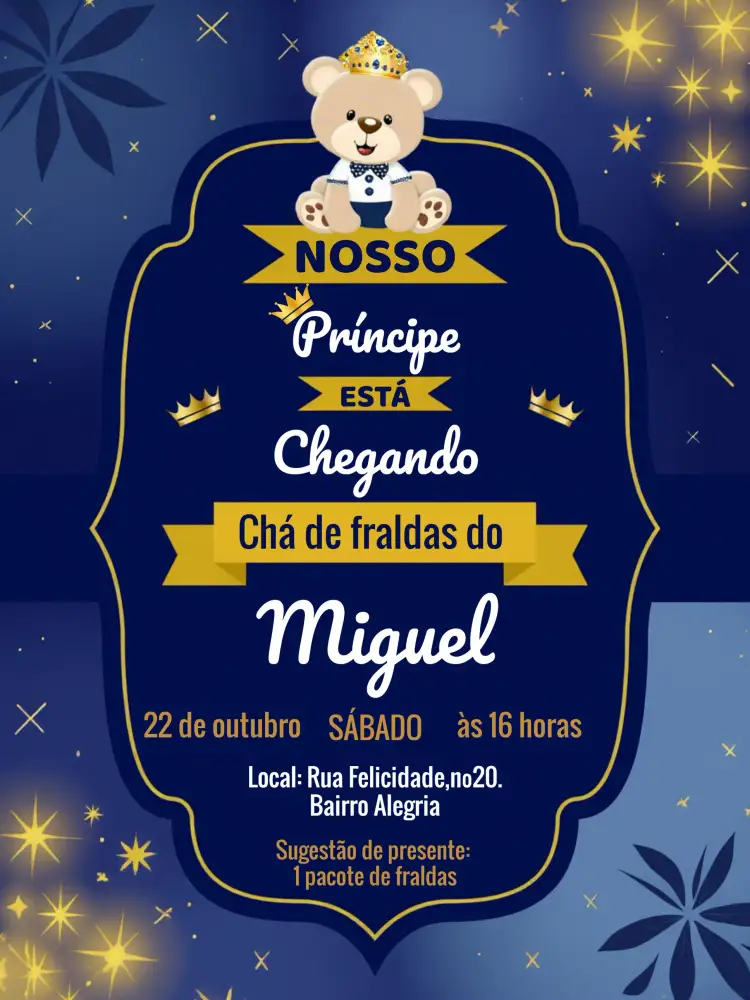 Convite Chá De Fraldas Ursinho Príncipe Coroa – tema Chá de Fraldas ursinho, príncipe, infantil