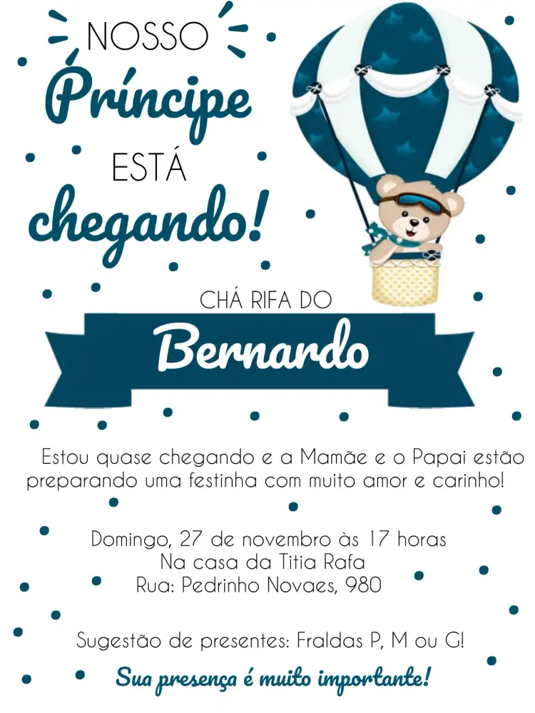 Convite Chá De Fraldas Ursinho Principe Marinho – tema Chá de Panela marinho, azul e branco, ursinho, festa infantil, divertido, aconchegante