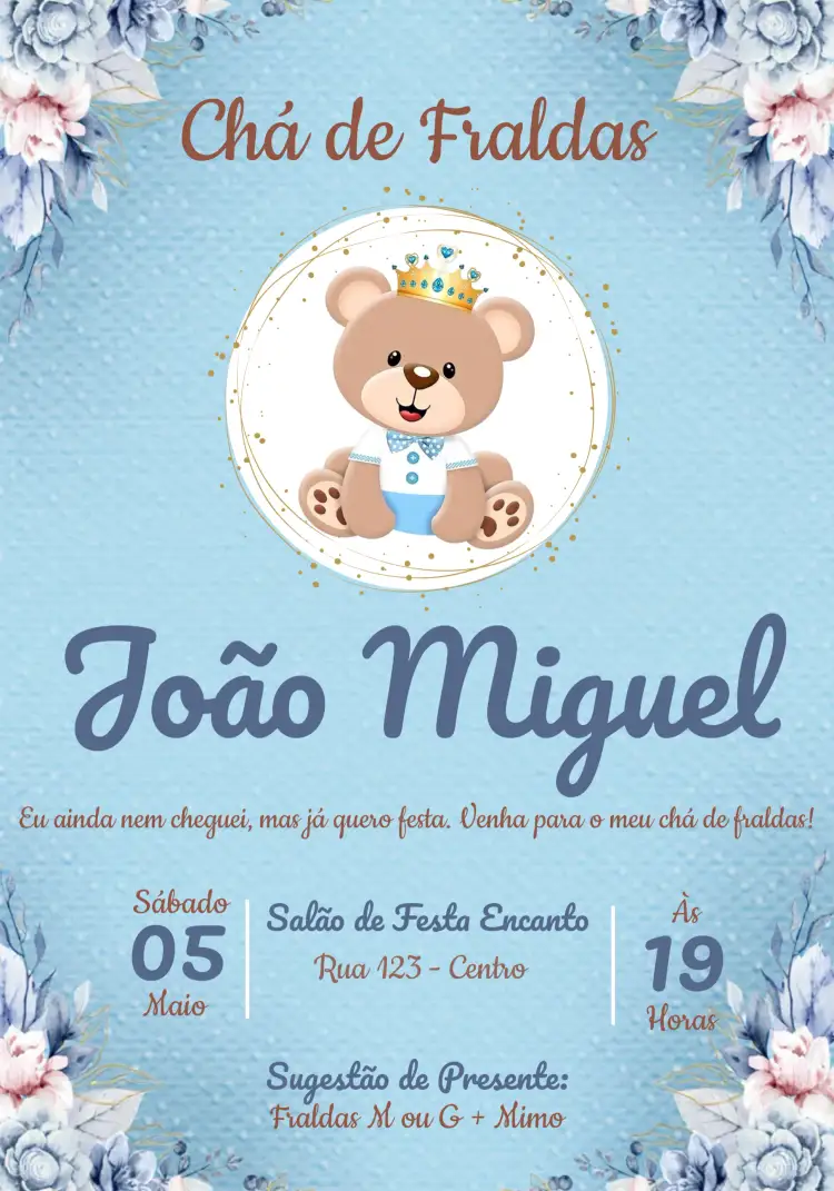 Convite Chá De Fraldas Ursinho Príncipe Menina – tema Chá de Fraldas floral, rosa, dourado, infantil, moderninho, ursinho