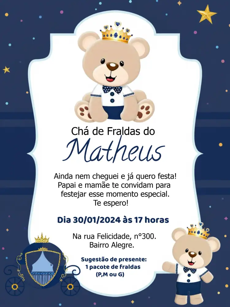Convite Chá De Fraldas Ursinho Príncipe Menino – tema Mais pesquisados azul, ursinho, realeza, festa infantil, moderno