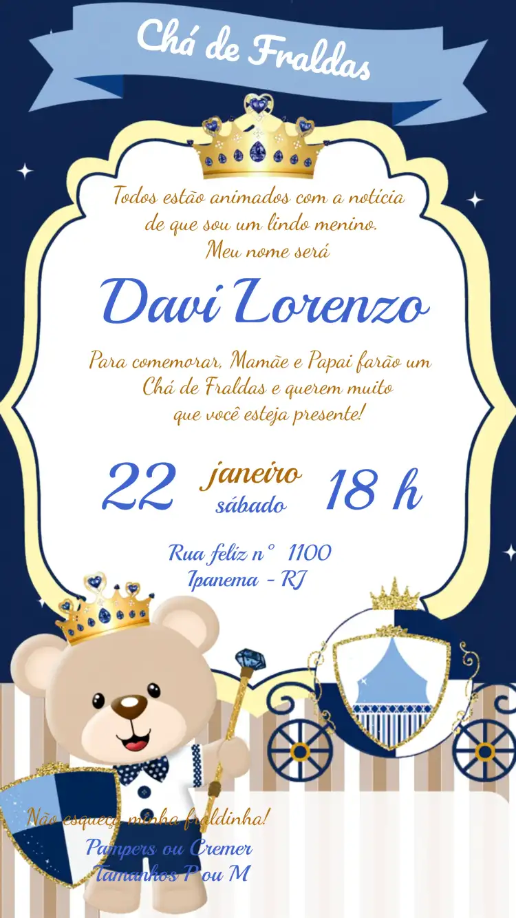 Chá De Fraldas Ursinho Príncipe Presentes