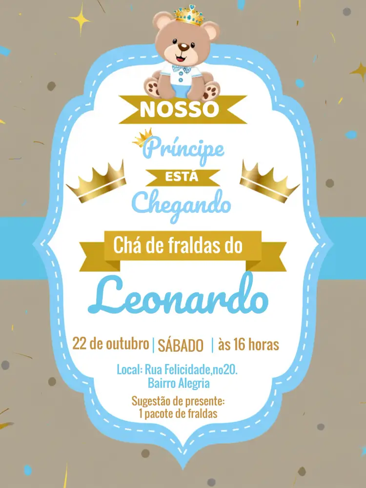 Convite Chá De Fraldas Ursinho Príncipe Principe – tema Chá de Fraldas azul, dourado, branco, realeza, ursinho, brilho