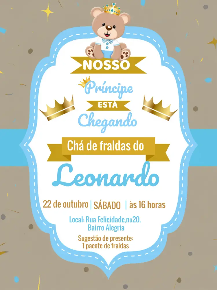 Convite Chá De Fraldas Ursinho Príncipe Principe