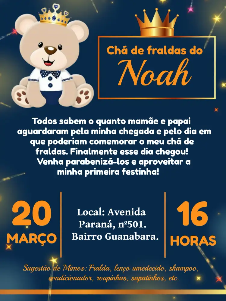 Convite Chá De Fraldas Ursinho Príncipe Principe