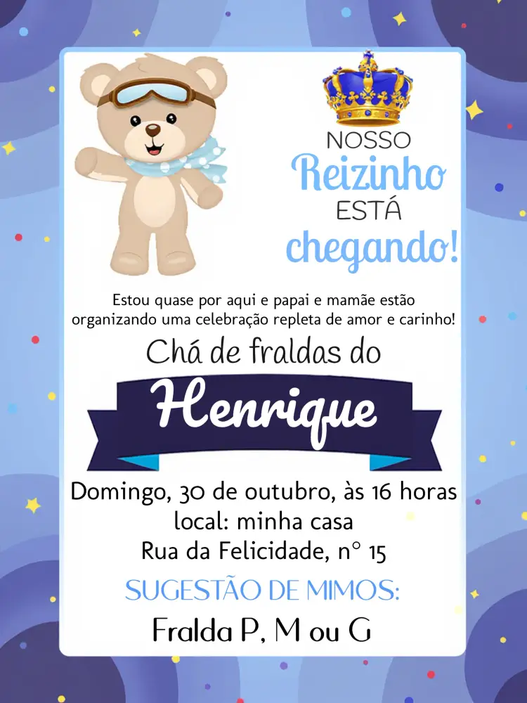 Convite Chá De Fraldas Ursinho Príncipe Realeza