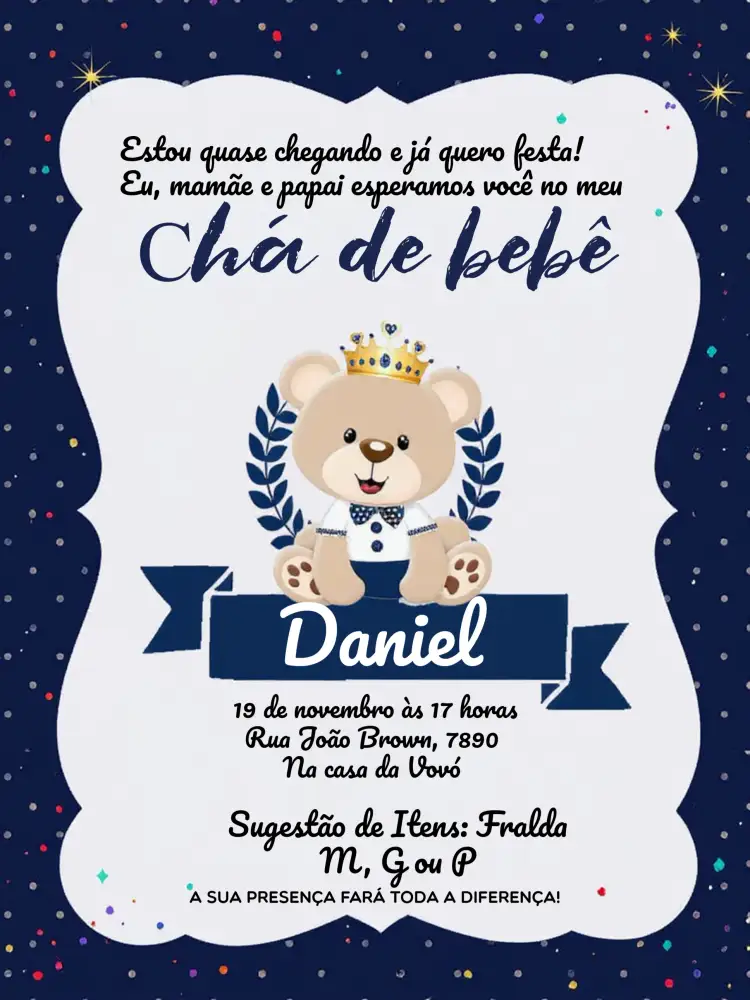 Convite Chá De Fraldas Ursinho Príncipe Realeza – tema Chá de Fraldas azul, branco, ursinho, realeza, moderno, lúdico