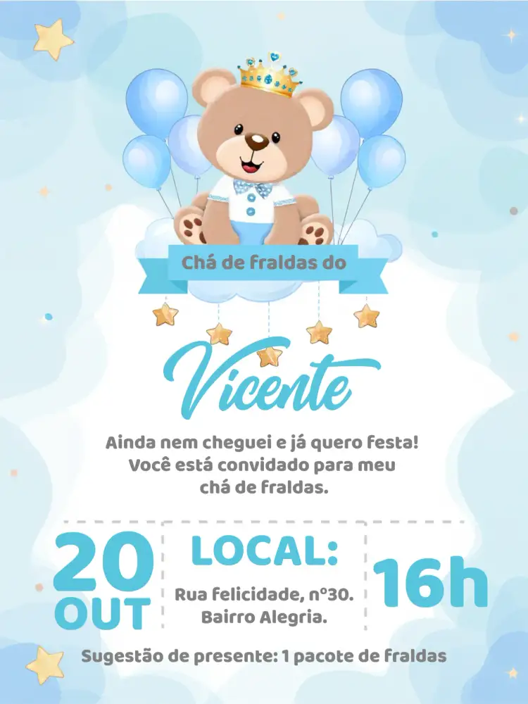 Convite Chá De Fraldas Ursinho Principe Urso – tema Chá de Fraldas azul e branco, ursinho, realeza, divertido, infantil, moderno