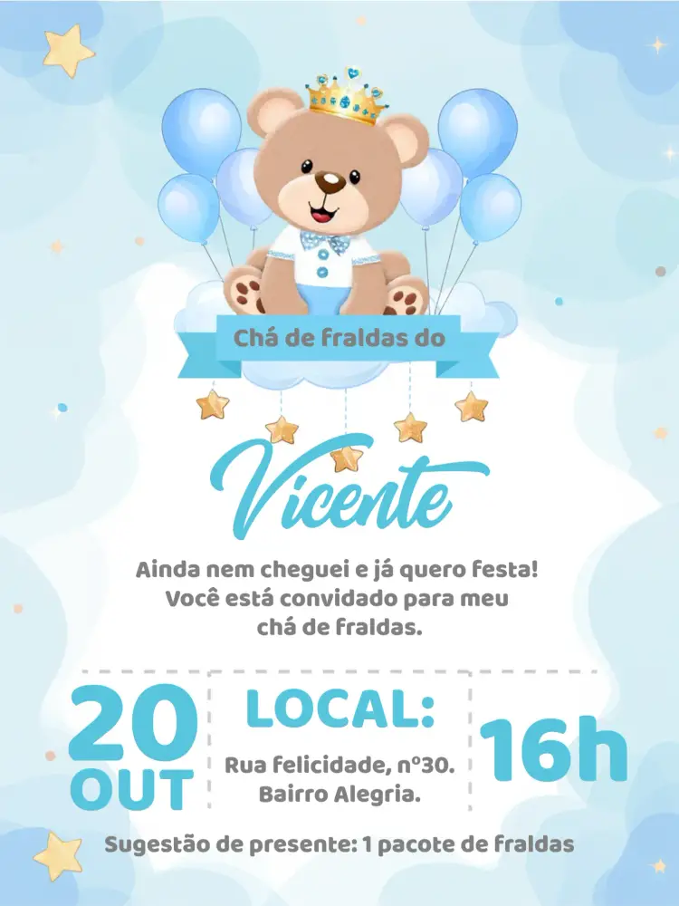 Convite Chá De Fraldas Ursinho Principe Urso