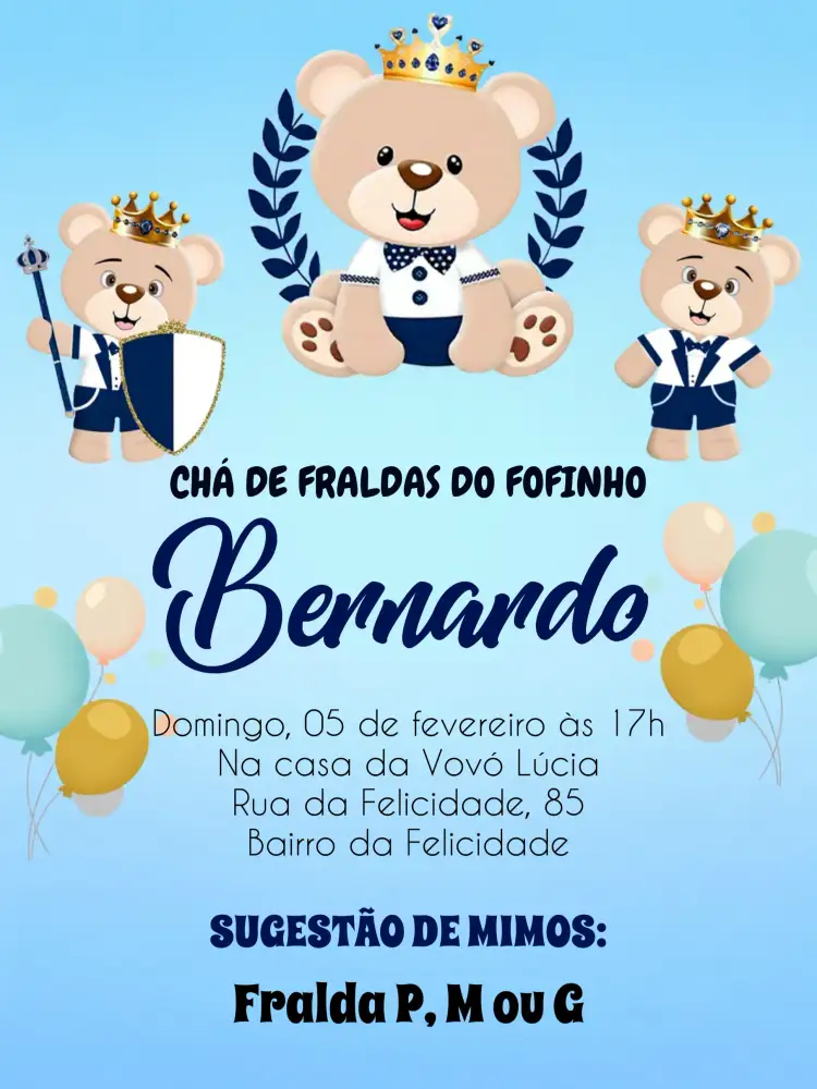 Convite Chá De Fraldas Ursinho Príncipe Urso – tema Chá de Fraldas azul marinho, branco, amarelo, ursinho, realeza, festa infantil