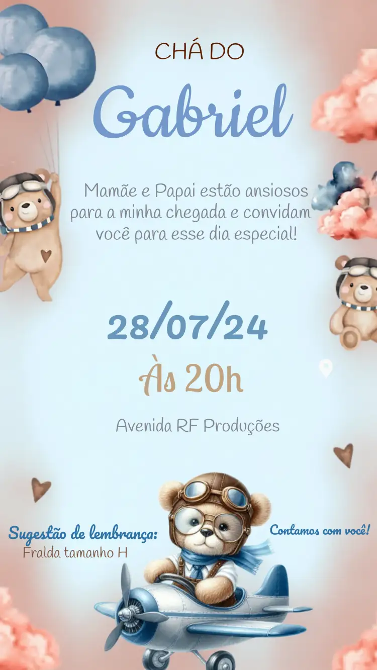 Convite Chá De Fraldas Urso Aviador Aquarela – tema Chá de Fraldas aquarela, fofo, infantil, azul, aviador, lúdico
