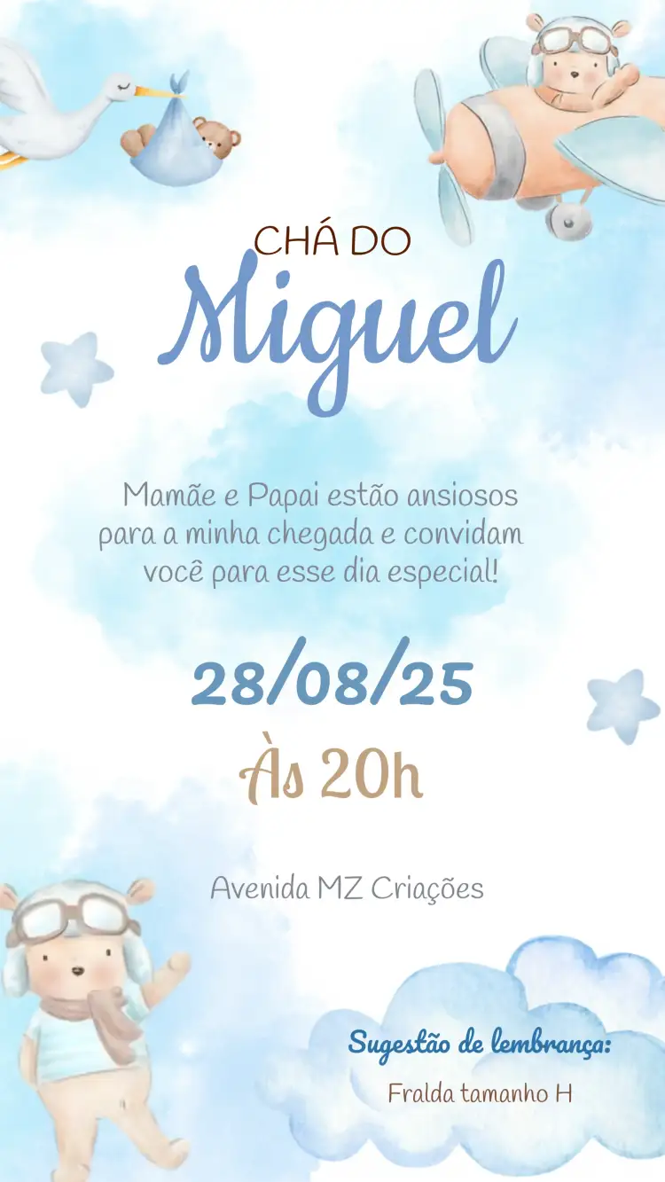 Convite Chá De Fraldas Urso Aviador Aquarela – tema Chá de Fraldas aquarela, fofo, colorido, vintage, infantil, aviador