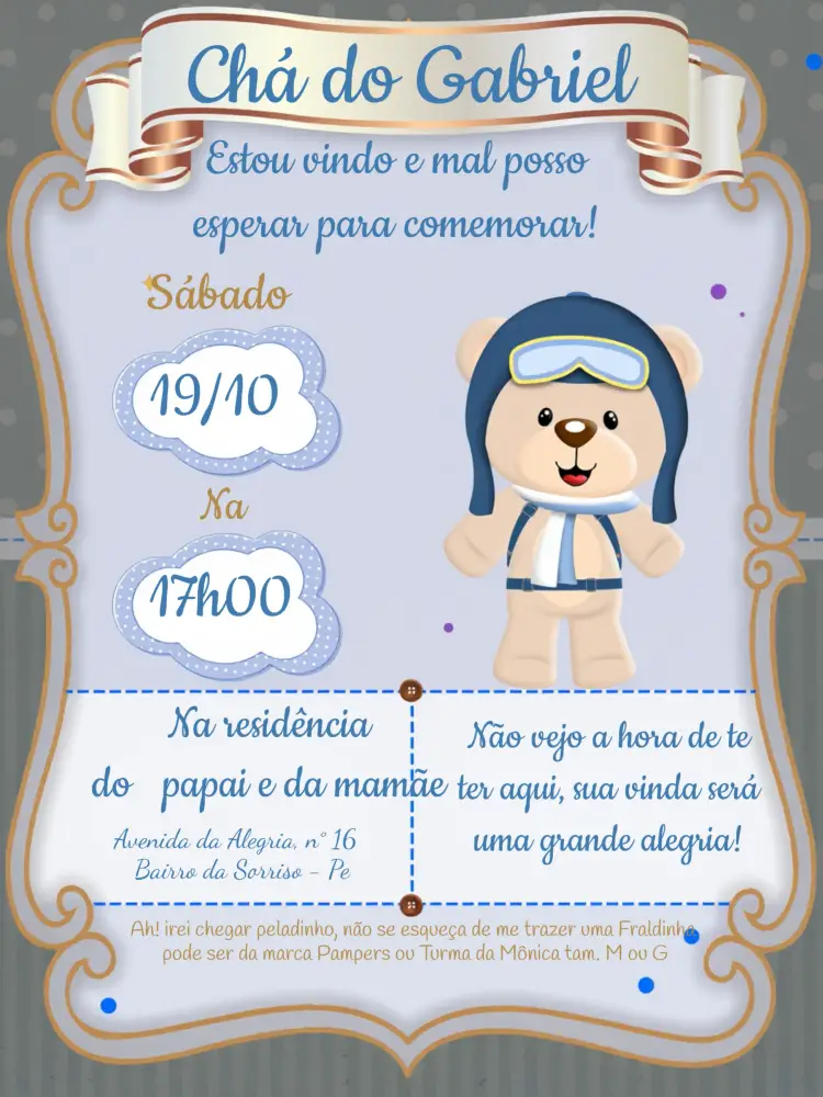 Convite Chá De Fraldas Urso Aviador Branco