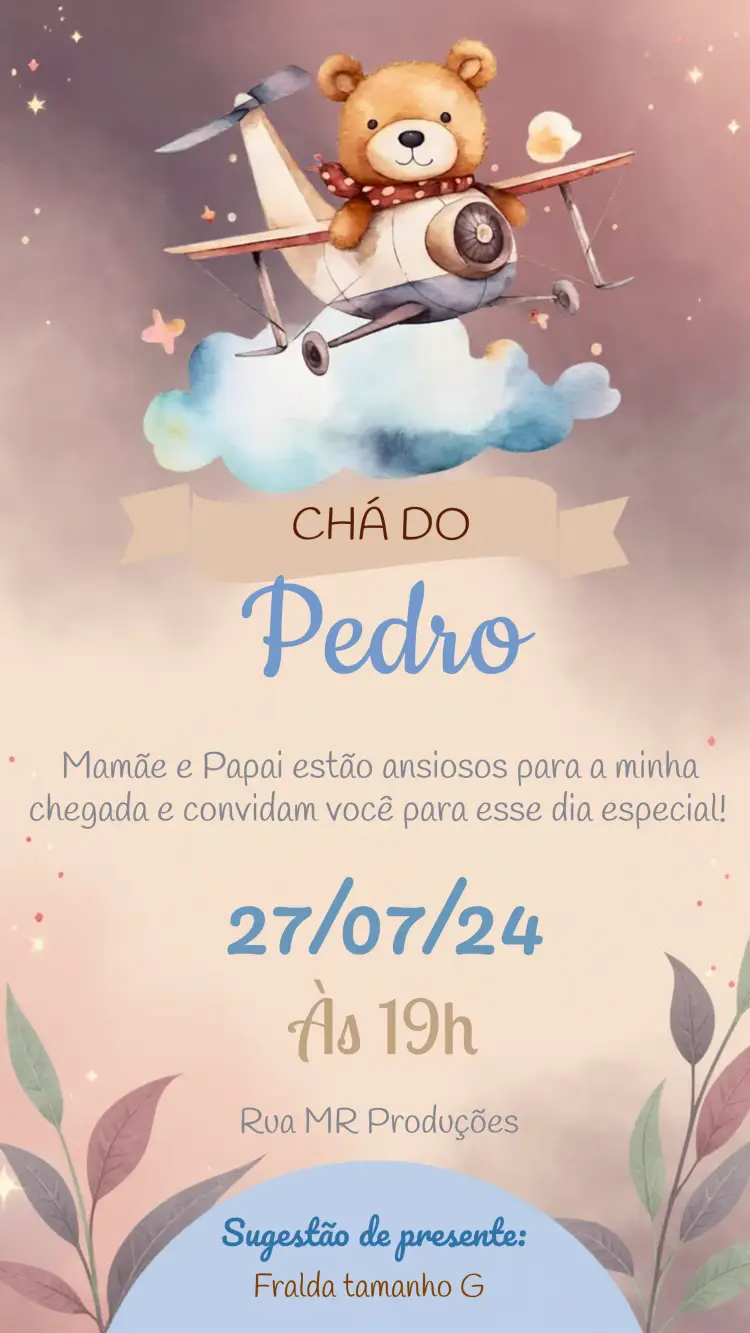 Convite Chá De Fraldas Urso Aviador Ursinho