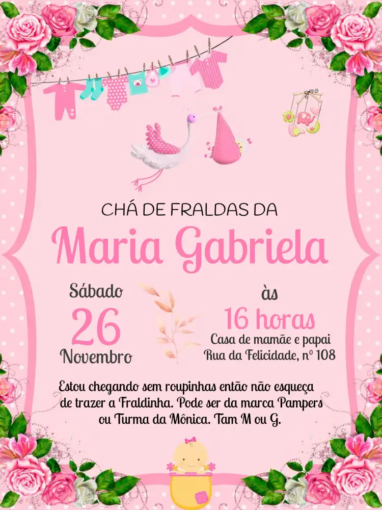 Convite Chá De Fraldas Varal Roupinhas Rosa – tema Chá de Fraldas rosa, aquarela, delicado, infantil, floral