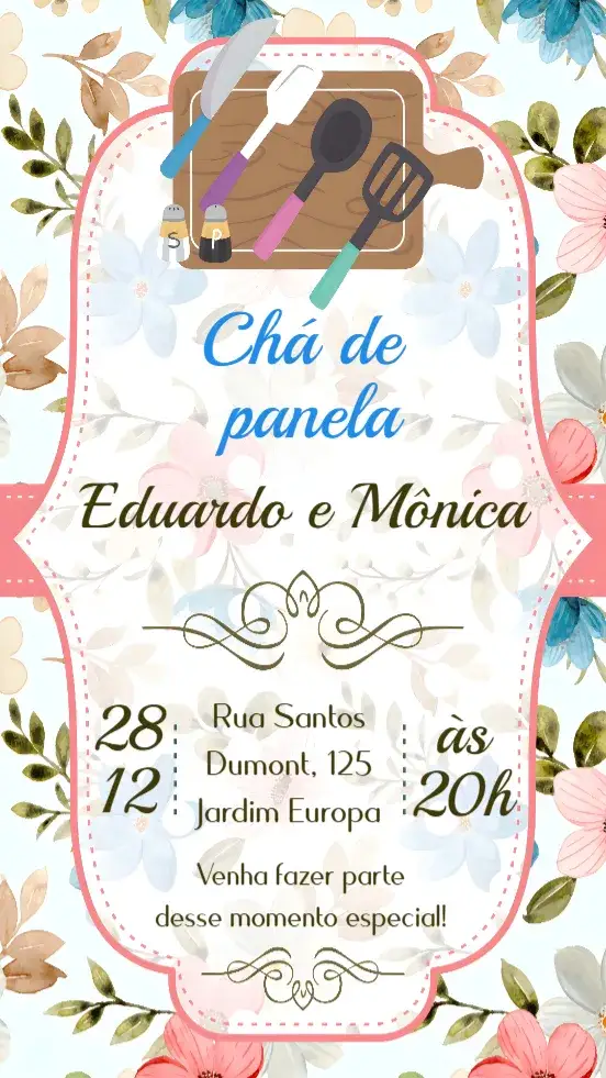 Convite Chá de Panela – tema Chá de Panela floral, minimalista, vintage, colorido, moderno, rústico