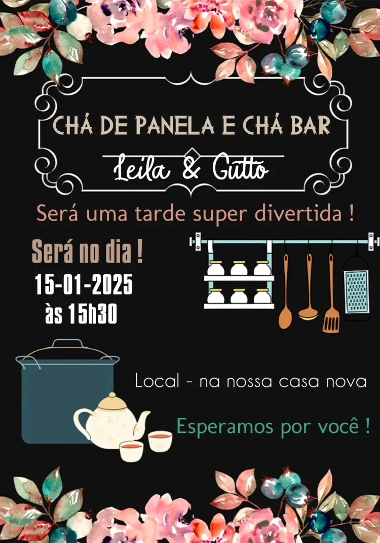 Convite Chá De Panela Bar Floral – tema Chá de Panela floral, rústico, moderno, colorido, descontraído, elegante