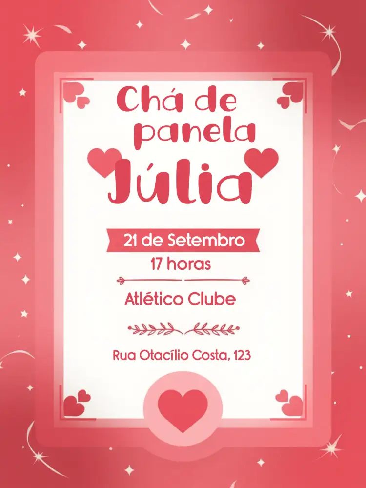 Convite Chá De Panela Corações Nova – tema Chá de Panela romântico, moderno, colorido, feminino, divertido, alegre