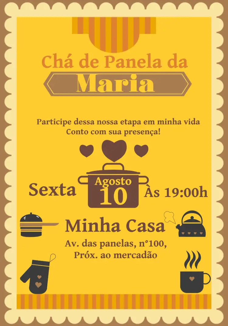 Convite Chá De Panela Cozinha – tema Chá de Panela modernos, elegantes, cores quentes, estilo rústico, elementos gráficos de cozinha