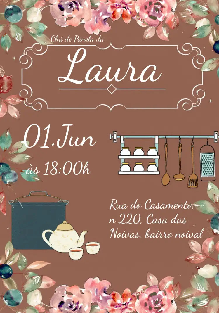 Convite Chá De Panela Floral Azul – tema Chá de Panela floral, azul, elegante, moderno, colorido, aconchegante