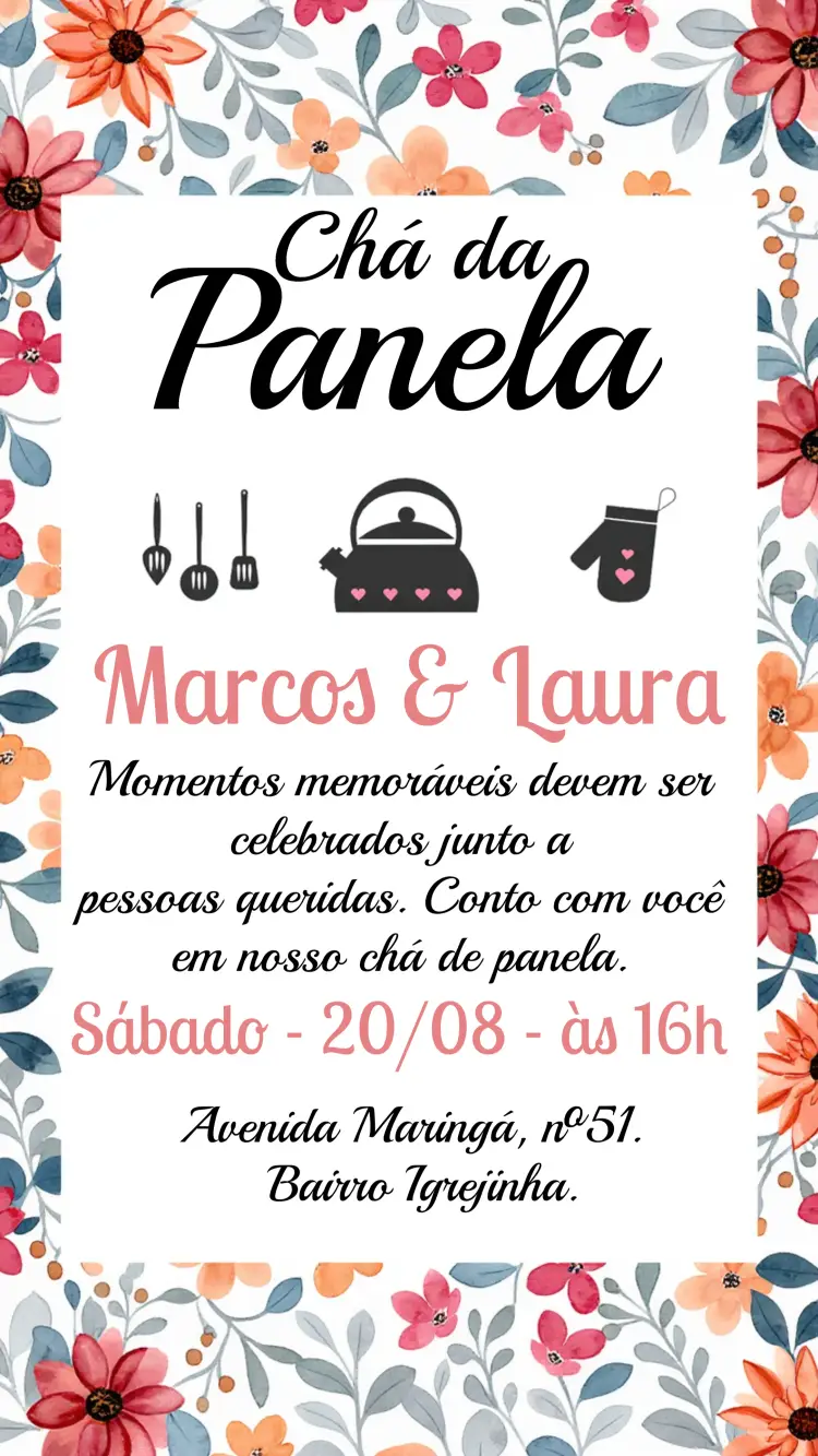 Convite Chá De Panela Floral Cartela editável e personalizável