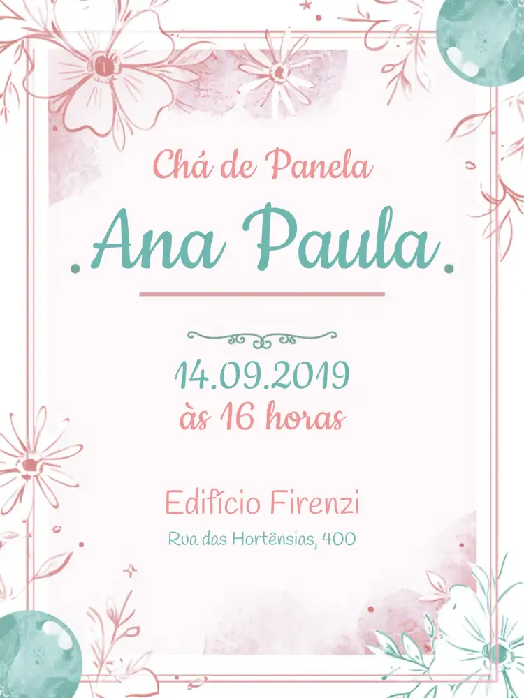 Convite Chá De Panela Floral Delicado – tema Chá de Panela floral, delicado, rosa, moderno, feminino, elegante