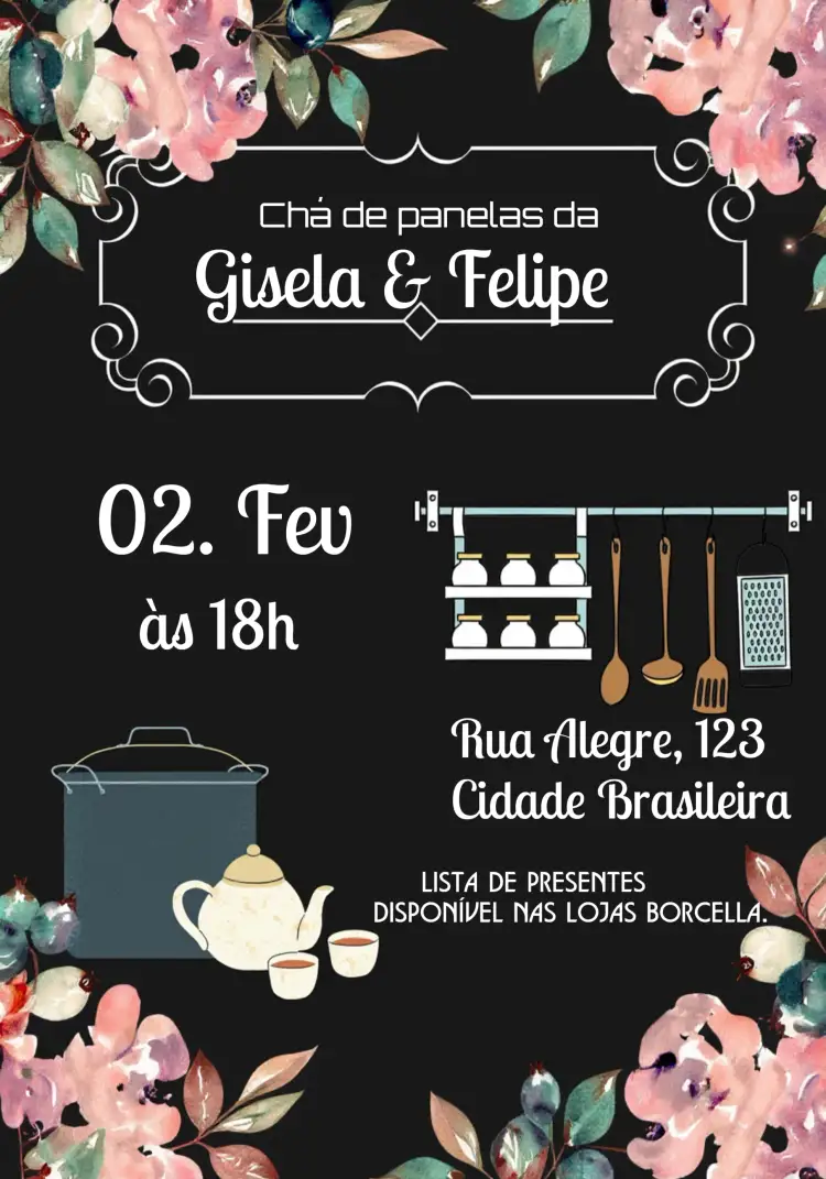 Convite Chá De Panela Floral Lista – tema Chá de Panela floral, moderno, elegante, prazeroso, colorido
