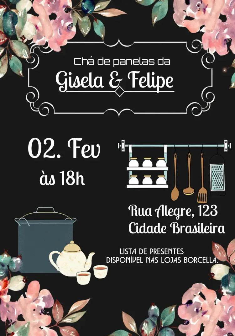 Convite Chá De Panela Floral Lista editável e personalizável
