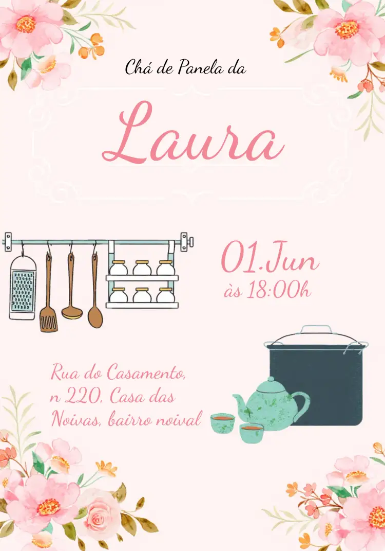 Convite Chá De Panela Floral Rosa – tema Chá de Panela floral, romântico, colorido, moderno, elegante, feminino