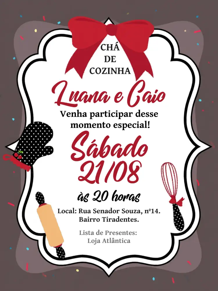Convite Chá De Panela Itens – tema Chá de Panela moderno, cozinha, preto e vermelho, minimalista, divertido, elegante