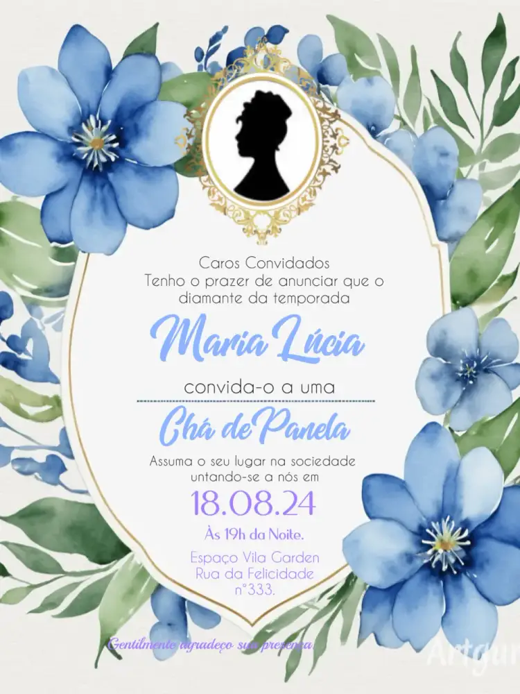 Convite Chá De Panela Lady Bridgerton Lilás – tema Chá de Panela lilás, floral, elegante, romântico, vintage, clássico