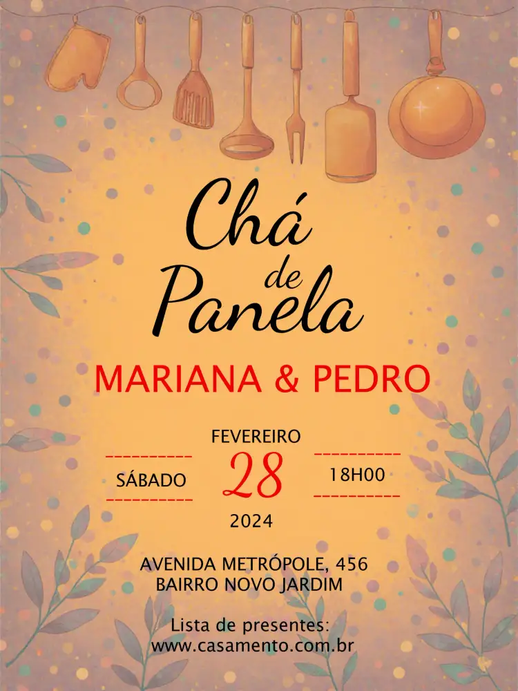 Convite Chá De Panela Nova – tema Chá de Panela vermelho, branco, moderno, aconchegante, minimalista