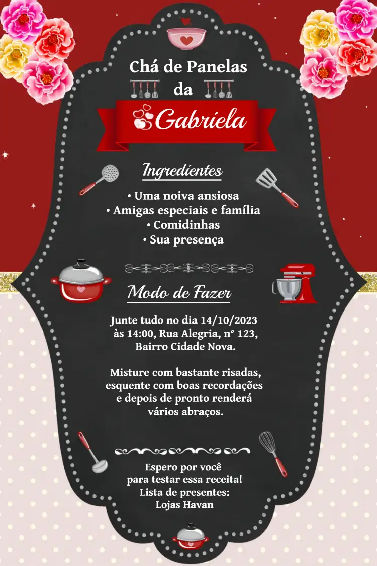 Convite Chá De Panela Poá – tema Chá de Panela poá, vermelho, preto, elegante, moderno