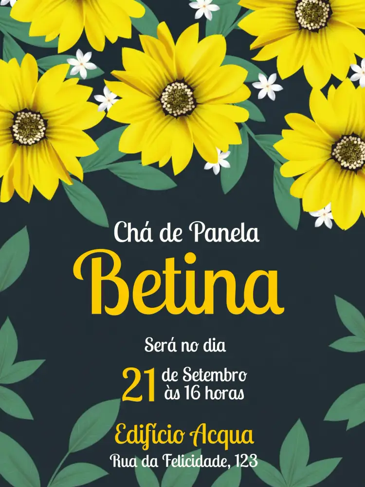 Convite Chá De Panela Presentes – tema Chá de Panela floral, moderno, amarelo, girassol, elegante, divertido