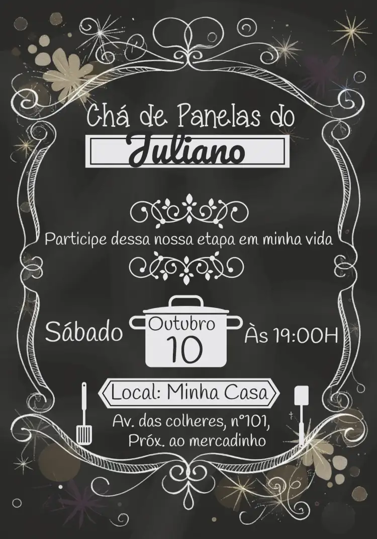 Convite Chá De Panela Quadro Negro Chalkboard Espátula – tema Chá de Panela quadro negro, culinária, minimalista, preto e branco, moderno, divertido