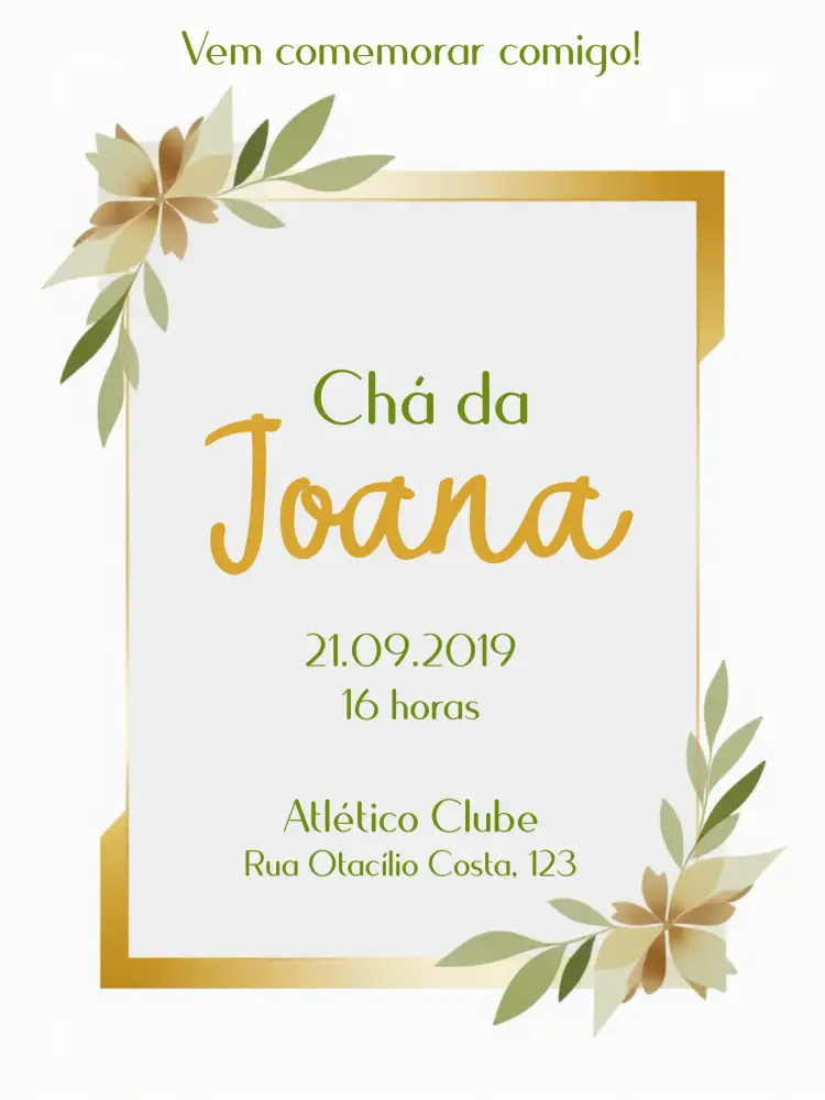 Convite Chá De Panela Verde – tema Chá de Panela floral, verde, dourado, moderno, elegante, minimalista