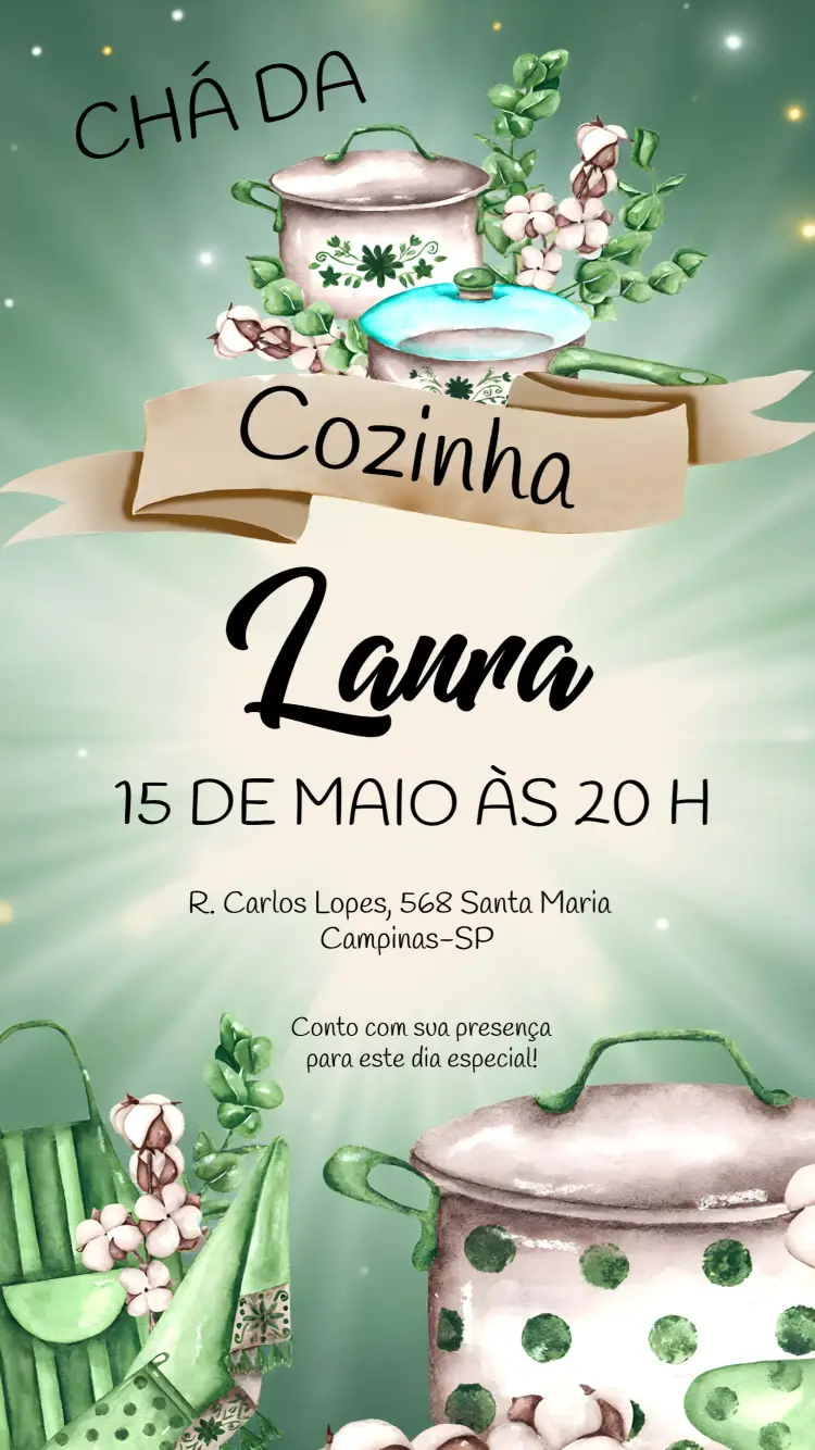 Convite Chá De Panela Verde editável e personalizável