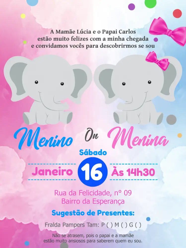 Convite Chá De Revelação Elefantinho Branco