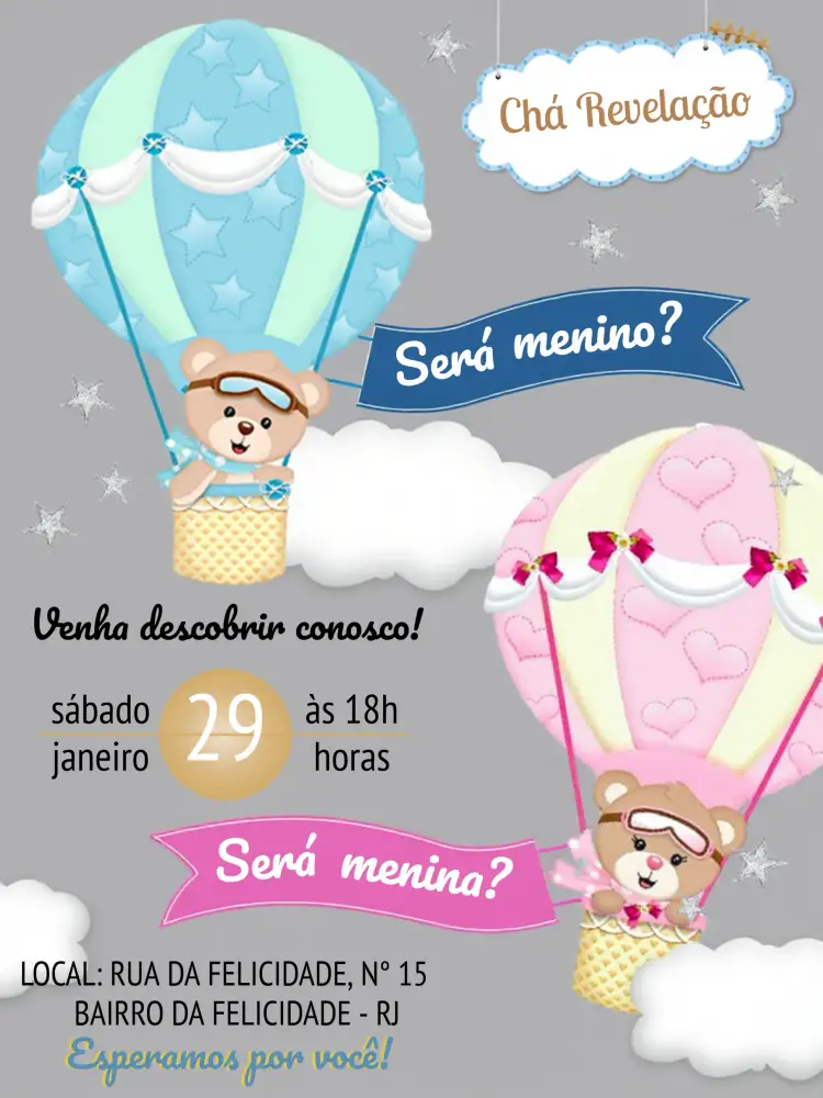 Convite Chá De Revelação Ursinhos Baloeiros Baloeira – tema Chá Revelação fofo, colorido, infantil, moderno, delicado