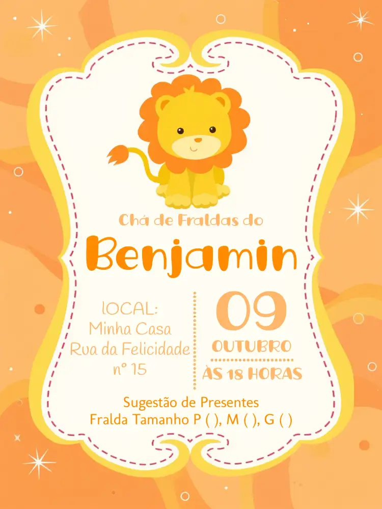 Convite Chá Fraldas Leãozinho Digital – tema Chá de Fraldas leãozinho, cores suaves, estilo divertido, pontos coloridos, temática de bebê, design acolhedor