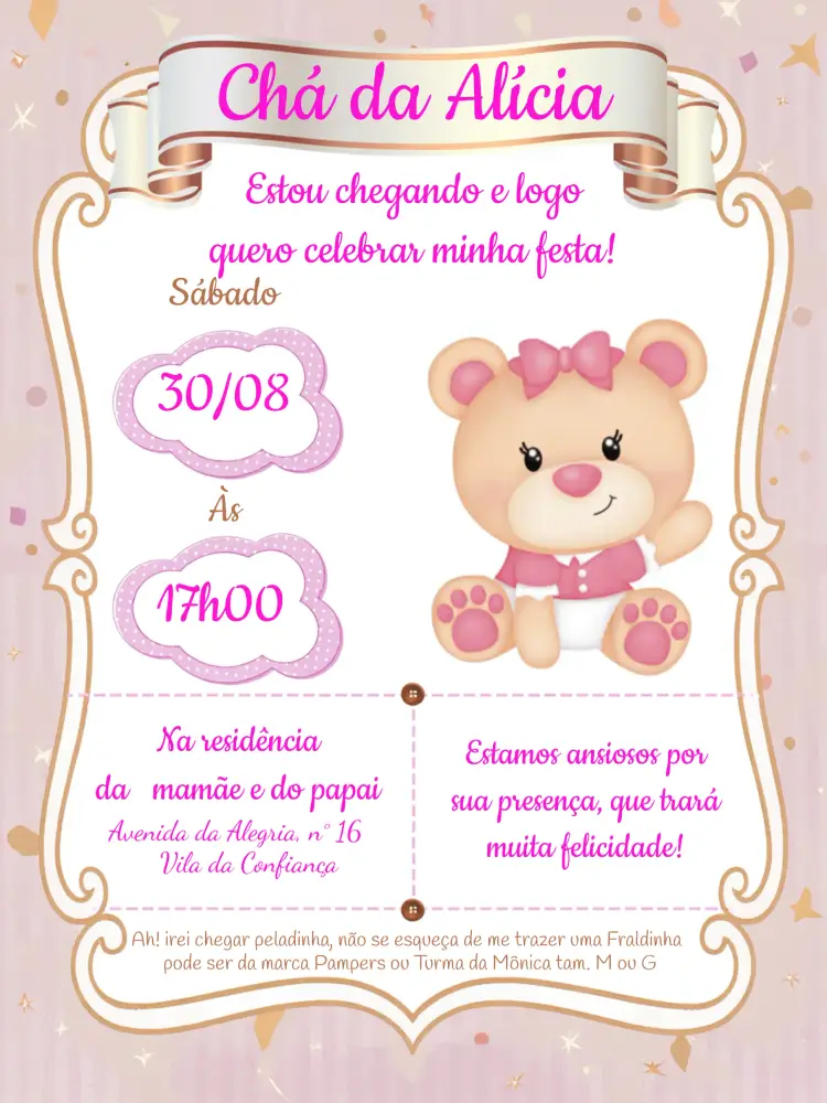 Convite Chá Fraldas Ursinha Dourado