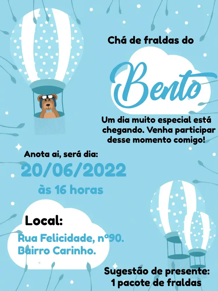 Convite Chá Fraldas Ursinho Baloeiro Presente – tema Chá de Fraldas azul, branco, ursinho, balões, nuvens, infantil