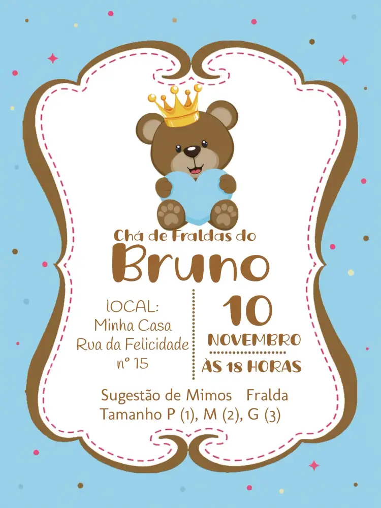 Convite Chá Fraldas Ursinho Príncipe Baby – tema Chá de Fraldas marrom suave, azul claro, branco neutro, lúdico, infantil, delicado